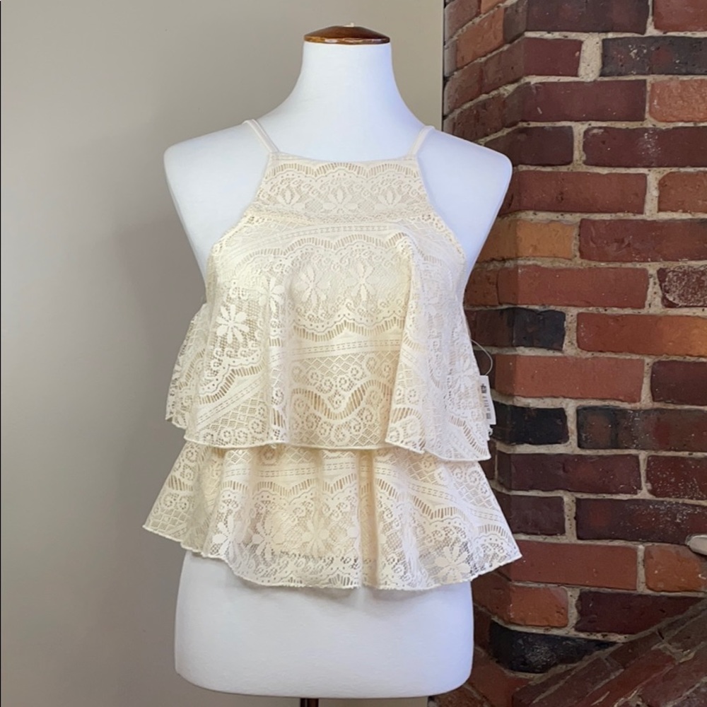 Women’s Cream Lace Tiered Halter Tank Top